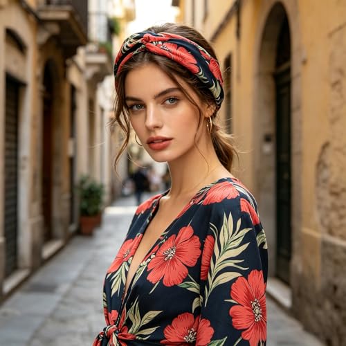 DRESHOW 10 Pack Boho Flower Print Headbands for Women - Vintage Cross Elastic Hair Wraps