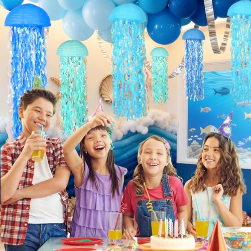 Set of 6 Blue Jellyfish Paper Lanterns - Ocean Theme Decor