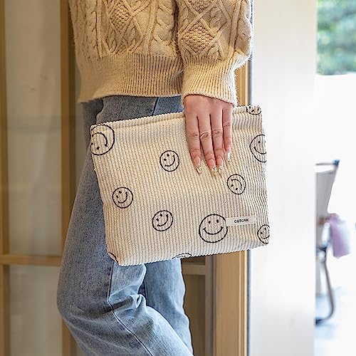 Corduroy Makeup Bag for Women - Smiley Face Cosmetic Organizer