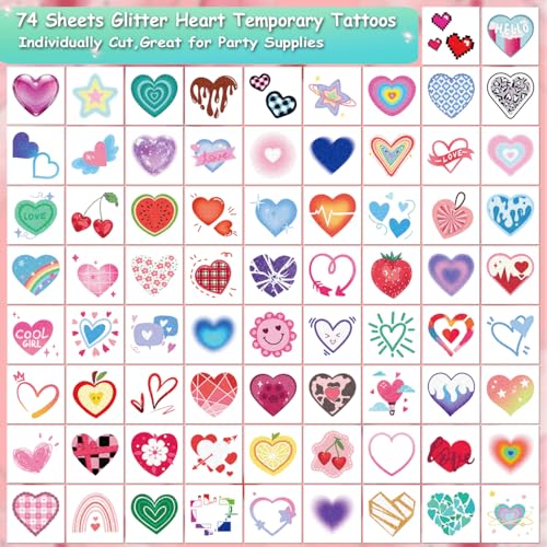 CHARLENT Glitter Heart Temporary Tattoos for Girls & Women - Set of 74 Styles