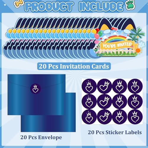 Blue Dog Birthday Invitations - 20 Cartoon Cards with Envelopes & Stickers
