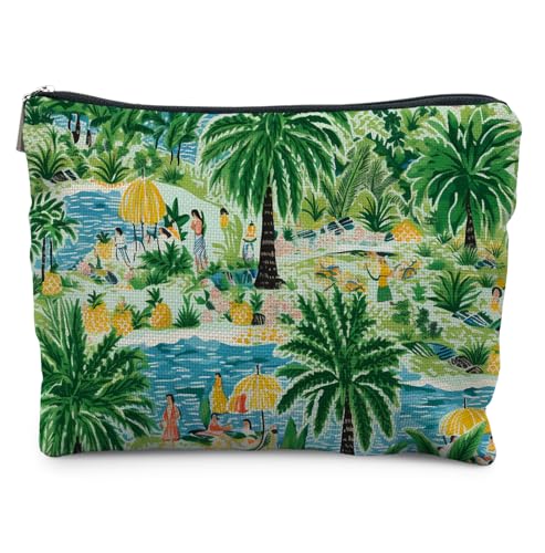 Elpwk Coastal-Seaside Hawaiian Palm Leaf Makeup Bag for Women, Tropical Travel Pouch