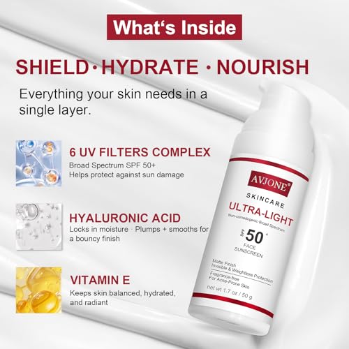 AVJONE Face Sunscreen SPF 50+, Lightweight Non-Greasy UVA/UVB Protection