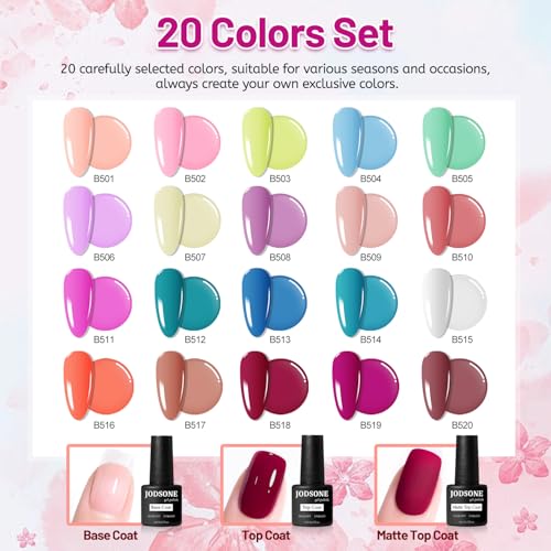 JODSONE 20-Color Vibrant Gel Nail Polish Kit with Base Coat & Top Coat - Variation 5