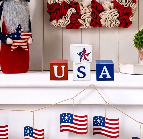 Patriotic USA Wooden Block Set - 4PCS Rustic 4th of July Decor