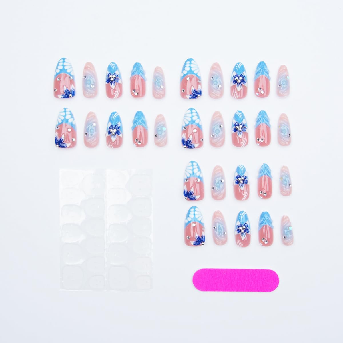 Press On Nails - 30Pcs Summer Blue Flower Design with Rhinestones | Medium Almond Reusable Acrylic Beach Vacation Nails