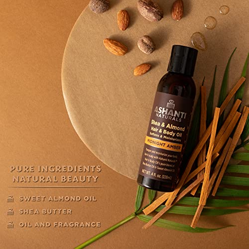 Ashanti Naturals Pure Shea & Sweet Almond Oil - 4 oz Moisturizing Body Oil with Midnight Amber Fragrance for Skin & Hair