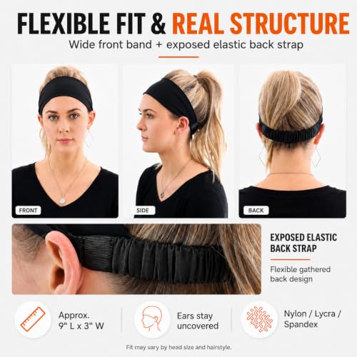 Calbeing 5-Pack Wide Black Headbands for Women – Non-Slip Elastic Sweatbands (5 Pure Black)
