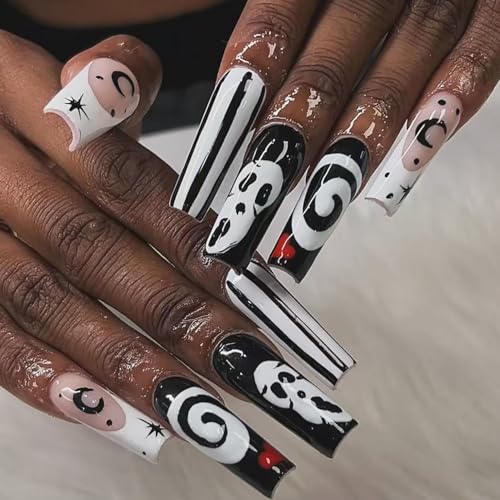Halloween Nails Set - 24 Long Square Fake Nail Tips with Ghost & Moon Designs - Variation 5