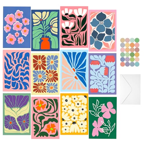 24 Pack Blank Greeting Cards with Envelopes & Stickers - 4x6 Inch Abstract Floral Designs