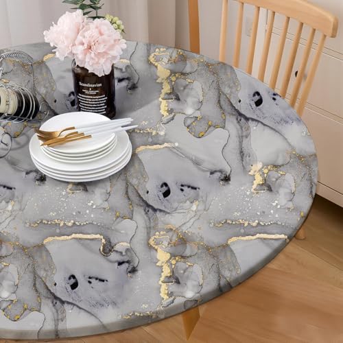 Elastic Edge Round Tablecloth for 36-44" Tables - Wrinkle-Resistant Polyester, Marble Design
