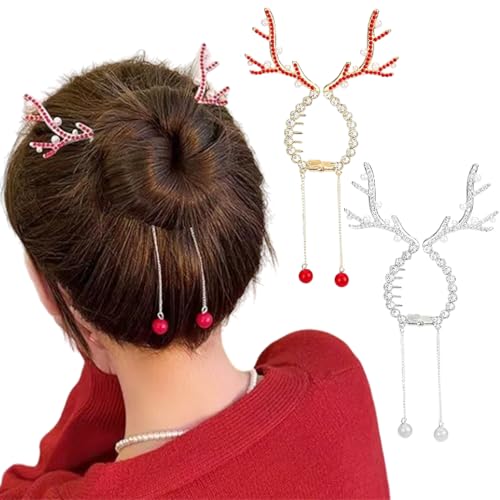Reindeer Christmas Hair Clips 2Pcs, Ponytail & Bun Holders, Rhinestone Pearl Design