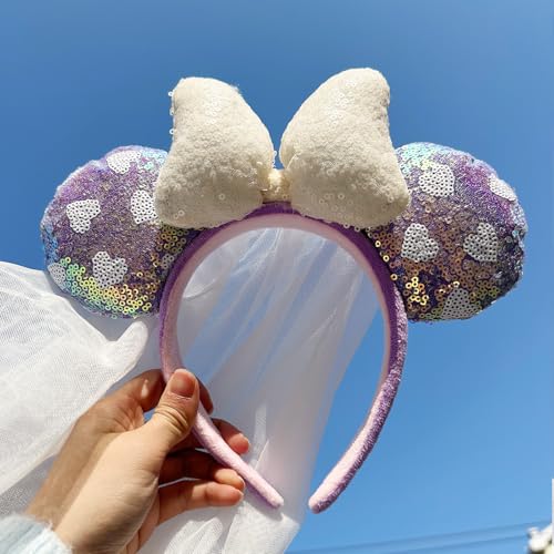 3D Purple Heart Bridal Mouse Ear Headband with Veil - LIHELEI