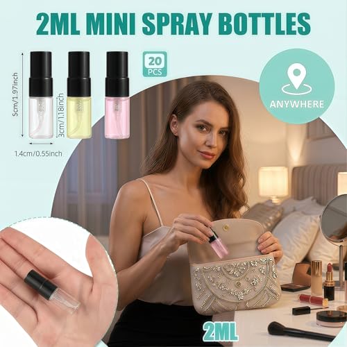 20 Pack Mini Refillable Glass Perfume Spray Bottles - 2ml Travel Atomizers