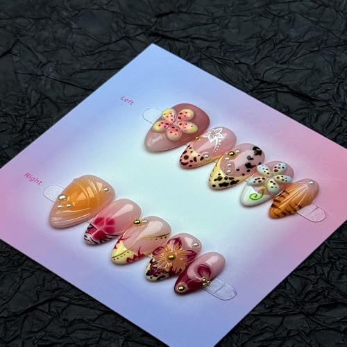 Handmade Almond Press on Nails with Yellow Flower & Pearl Rhinestones