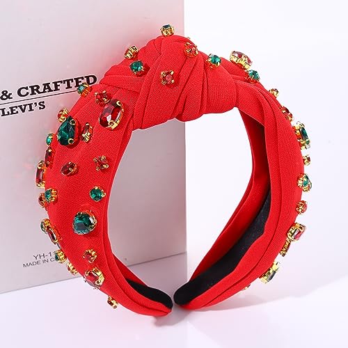 HSWE Red Crystal Knotted Christmas Headband for Women & Girls Holiday Party Accessory