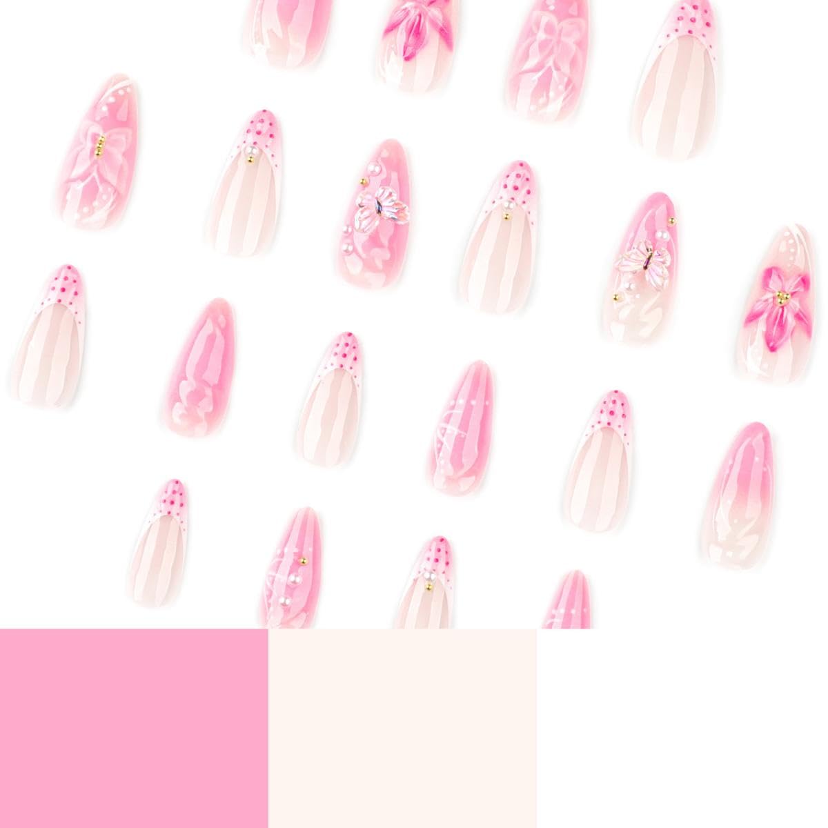 Flower Nail Press Ons - French Tip 3D Floral Butterfly Acrylic Nails | Glossy Pink Medium Almond Full Cover - 24 Pcs