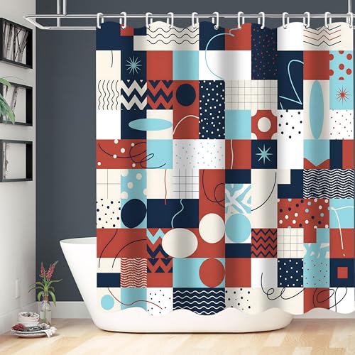 LQCOOL Geometric Patchwork Shower Curtain Set with Rugs & Hooks