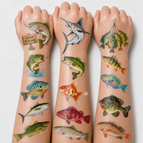 Frawharmone 96 PCS Gone Fishing Kids Temporary Tattoos - Fishing Tattoos