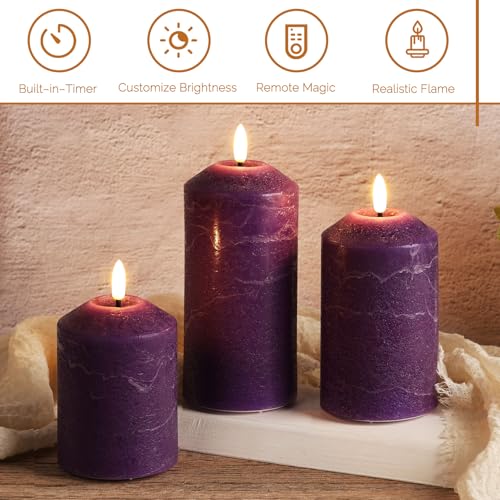 Purple Flameless Pillar Candles with Remote Control - Set of 3