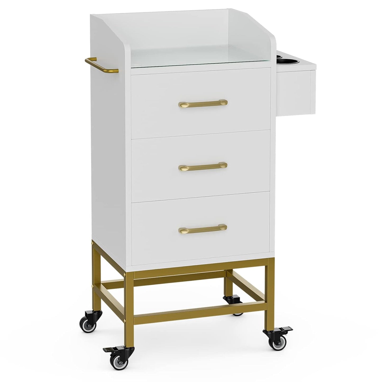 Beauty Salon Storage Trolley Cart - Glass Top Hair Station Cabinet with Lockable Wheels | Black