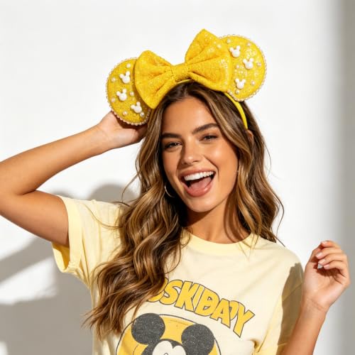 Yellow Sequin Mouse Ears Headband with Pearl - LIHELEI Costume Accessory
