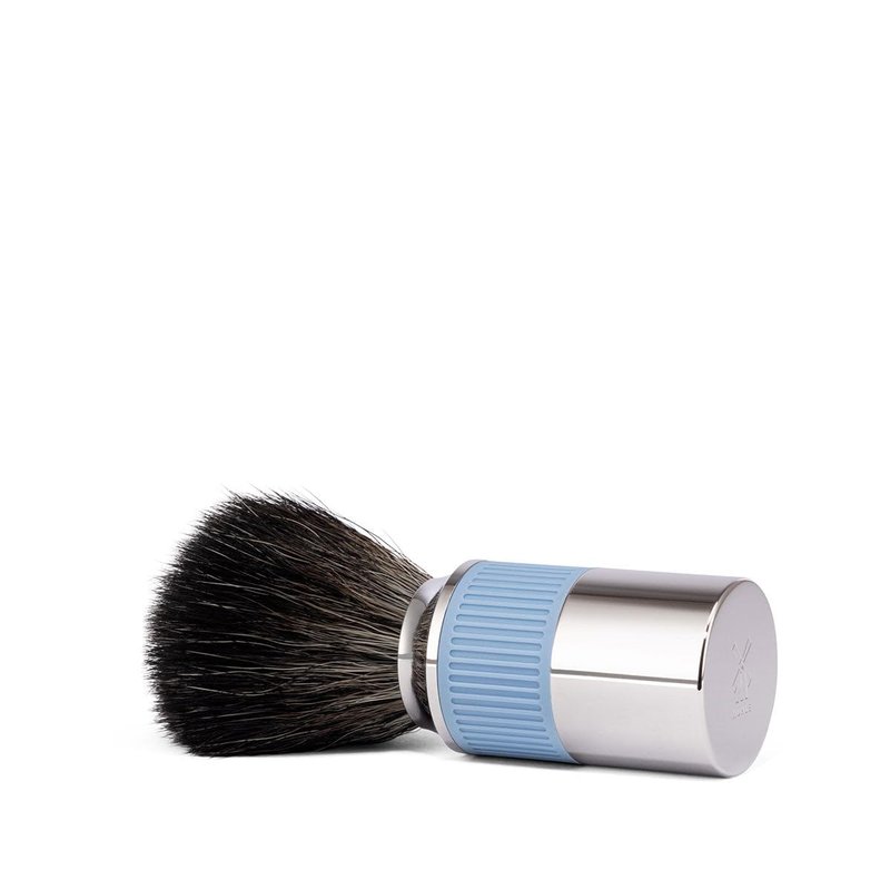 MÜHLE NEO shaving brush | Vegan Shave Brush for Shaving soaps and creams | sustainable eco-friendly and reusable |exfoliating shaving brush | chrome with glacier blue silicone grip handle