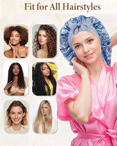Awaytr Reversible Satin Hair Bonnet for Braids Sleeping Women Blue Ethnic Floral