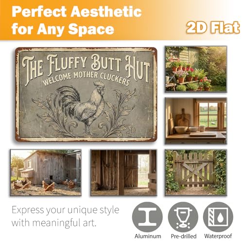 Funny Chicken Coop Decor Sign - The Fluffy Butt Hut - 8x12 Inch Metal