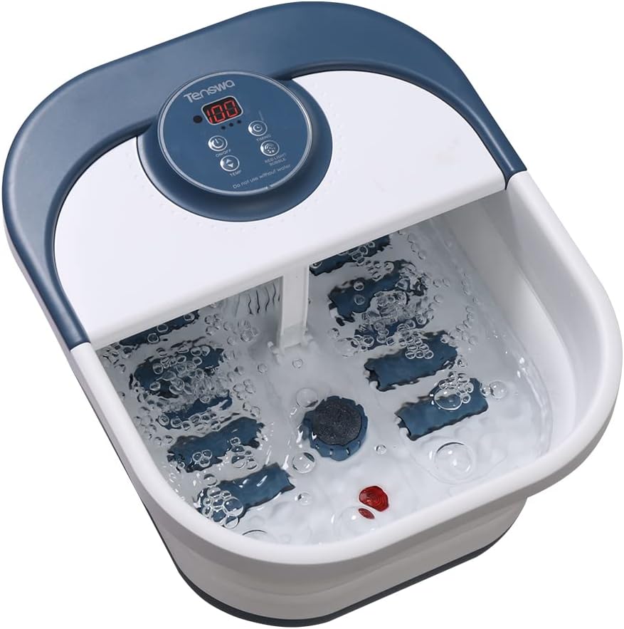 Collapsible Foot Spa Bath Massager - Heated Bubble Soaker with 8 Rollers | Stress Relief & Acupressure Points