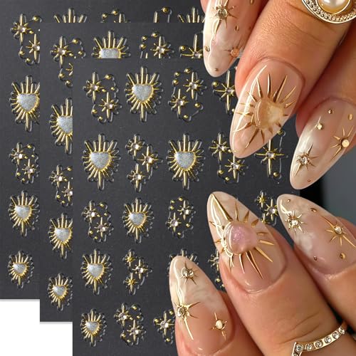 3 Sheets Gold Star Nail Stickers with Rhinestones - 5D Aurora Design