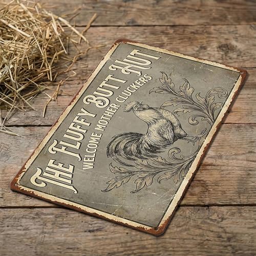 Funny Chicken Coop Decor Sign - The Fluffy Butt Hut - 8x12 Inch Metal