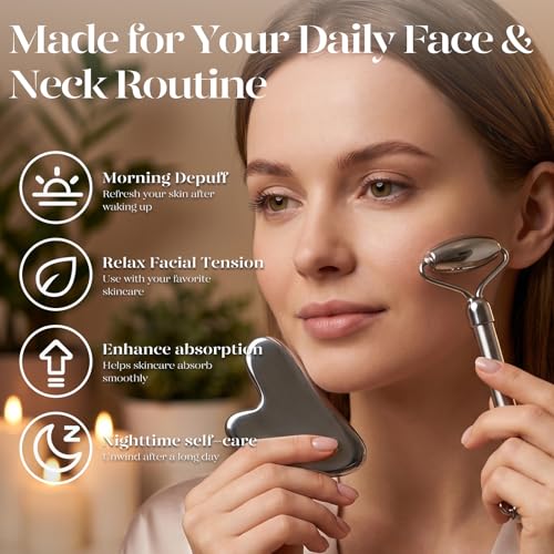 BAIMEI Stainless Steel Gua Sha and Face Roller Set for Depuffing