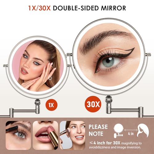 ZLOKLA 9" Wall Mounted Lighted Makeup Mirror,4000mAh Rechargeable Double Sided 1X/30X Magnifying Mirror with Light,Touch Dimmable,Extended Arm 360 Rotation Wall Mounted Makeup Mirror 3 Color Lights-N