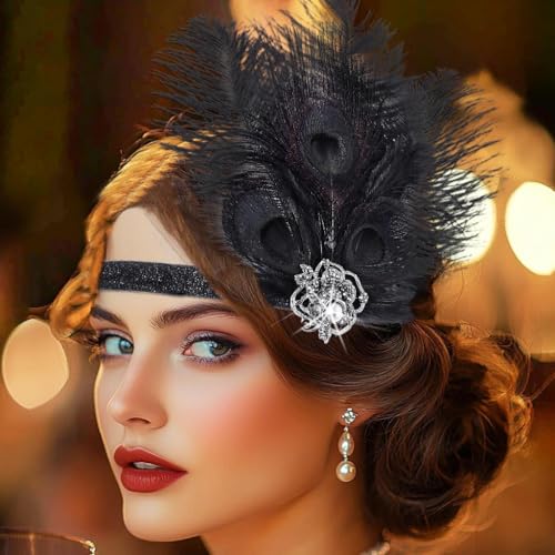 1920s Flapper Headband with Black Feather & Peacock Accent