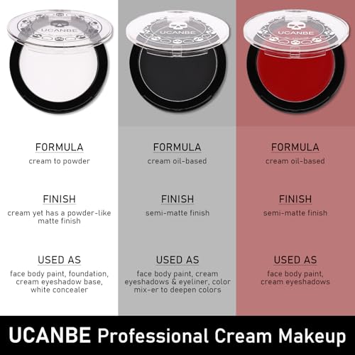 UCANBE Halloween Face Body Paint Set - Black, White & Red Makeup Kit with Brushes