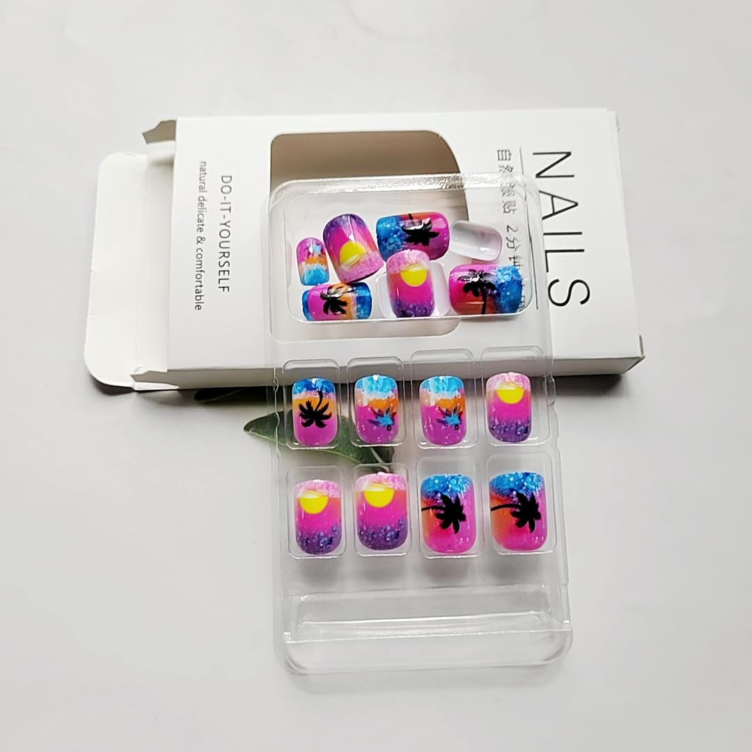 Summer Press-On Nails - Short Square Fake Nails with Sunset Coconut Trees Design | 24 Pcs Glossy Blue French Tips, Reusable Manicure