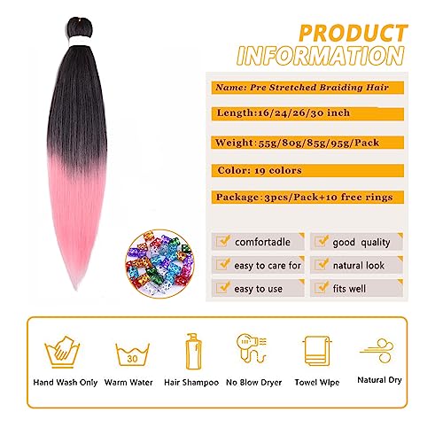 Pre-Stretched Braiding Hair for Women - Black to Pink, 16 Inch, 3 Packs