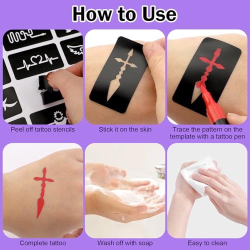 Ponhey Multicolor 24 Body Markers & 67 Tattoo Stencils Skin-Safe Face Paint Kit for Teens & Adults