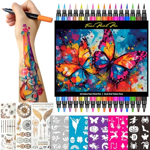 CORALMEE 16Pcs Dual-Tip Temporary Tattoo Markers Kit with 43 Stencils & 50 Stickers