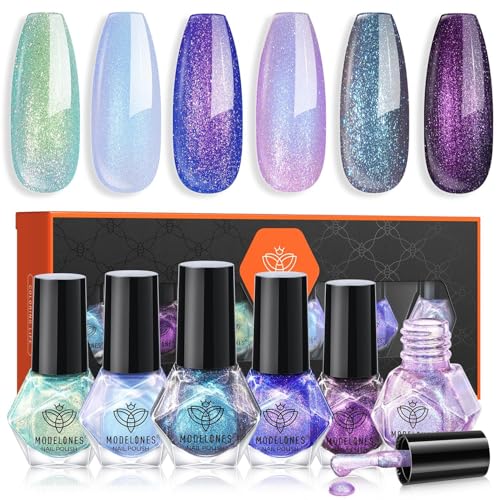 modelones A0 Aurora Galaxy Quick Dry Nail Polish Set - 6 Holographic Colors