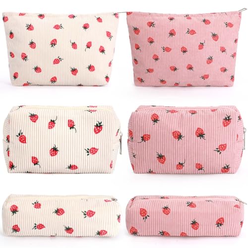 6-Piece Strawberry Makeup Bag Set - Cotton Travel Toiletry Organizer