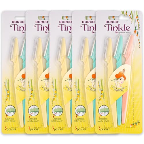 Tinkle Dermaplaning Tool 15ct, Dermaplane Razor for Women, Safe and Easy Peach Fuzz Remover, Eyebrow Trimmer with Protective Cover (5 Packs of 3)