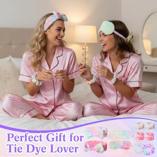 Tie Dye Rainbow Spa Party Supplies Set - 10 Pcs Headband, Eye Mask & Scrunchies