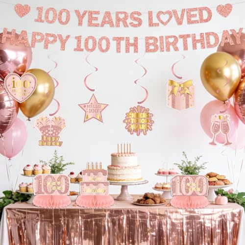 Rose Gold 100th Birthday Decorations Set for Women
