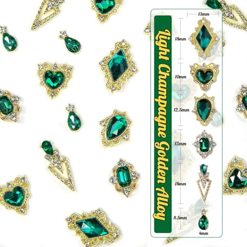 qiipii Luxury Emerald Green Nail Charms - 24pcs Heart & Rhinestone Gems Box