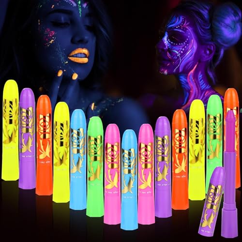 15PCS Neon UV Body & Face Paint Kit for Kids & Adults, Black Light Party Makeup