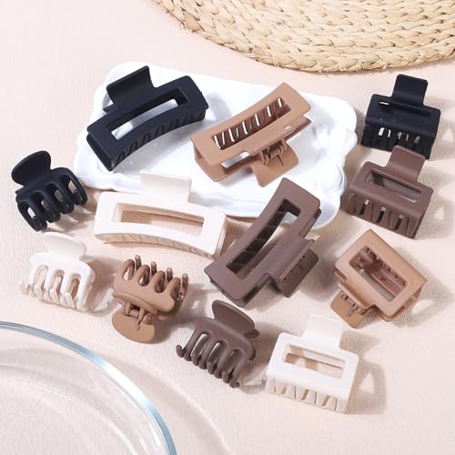 SMKSL 12 Pcs Hair Clips for Women 3 Styles Small Medium Large Claw Clips for Thin Thick Curly Hair, Strong Hold & Non-Slip Hair Clips, Stylish Matte Hair Accessories Ideal Gifts for Women (Brown)