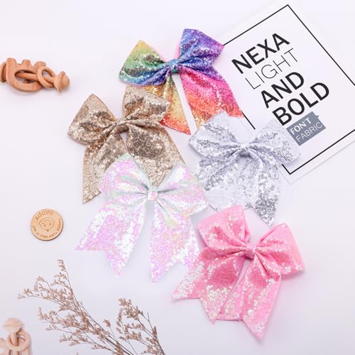 12-Color Jumbo Sequin Cheer Bow Set – 7-Inch Glitter Hair Clips for Girls