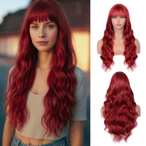 28-Inch Red Curly Wig with Bangs - Heat-Resistant Synthetic Hair for Cosplay & Daily Wear